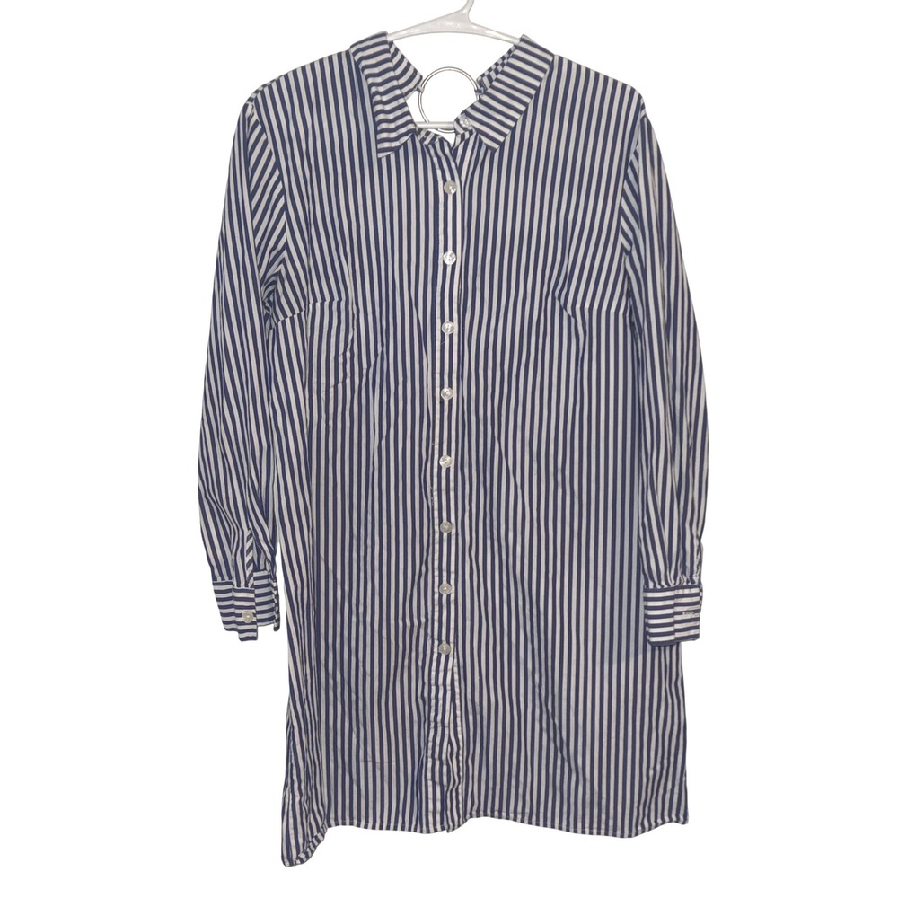 Everlily Navy Blue White Striped Long Sleeve Button Front Shirt Dress Medium